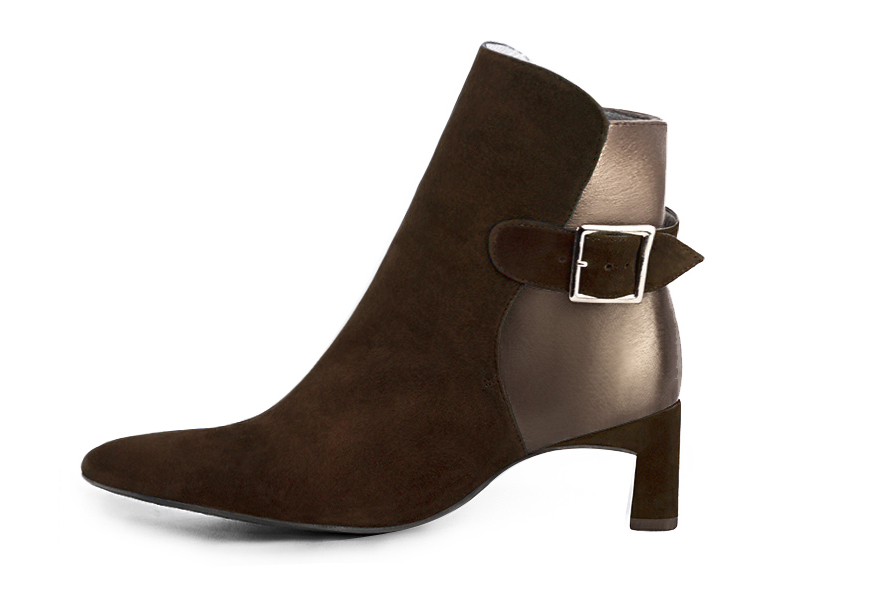 Dark brown and bronze gold women's ankle boots with buckles at the back. Tapered toe. Medium flare heels. Profile view - Florence KOOIJMAN